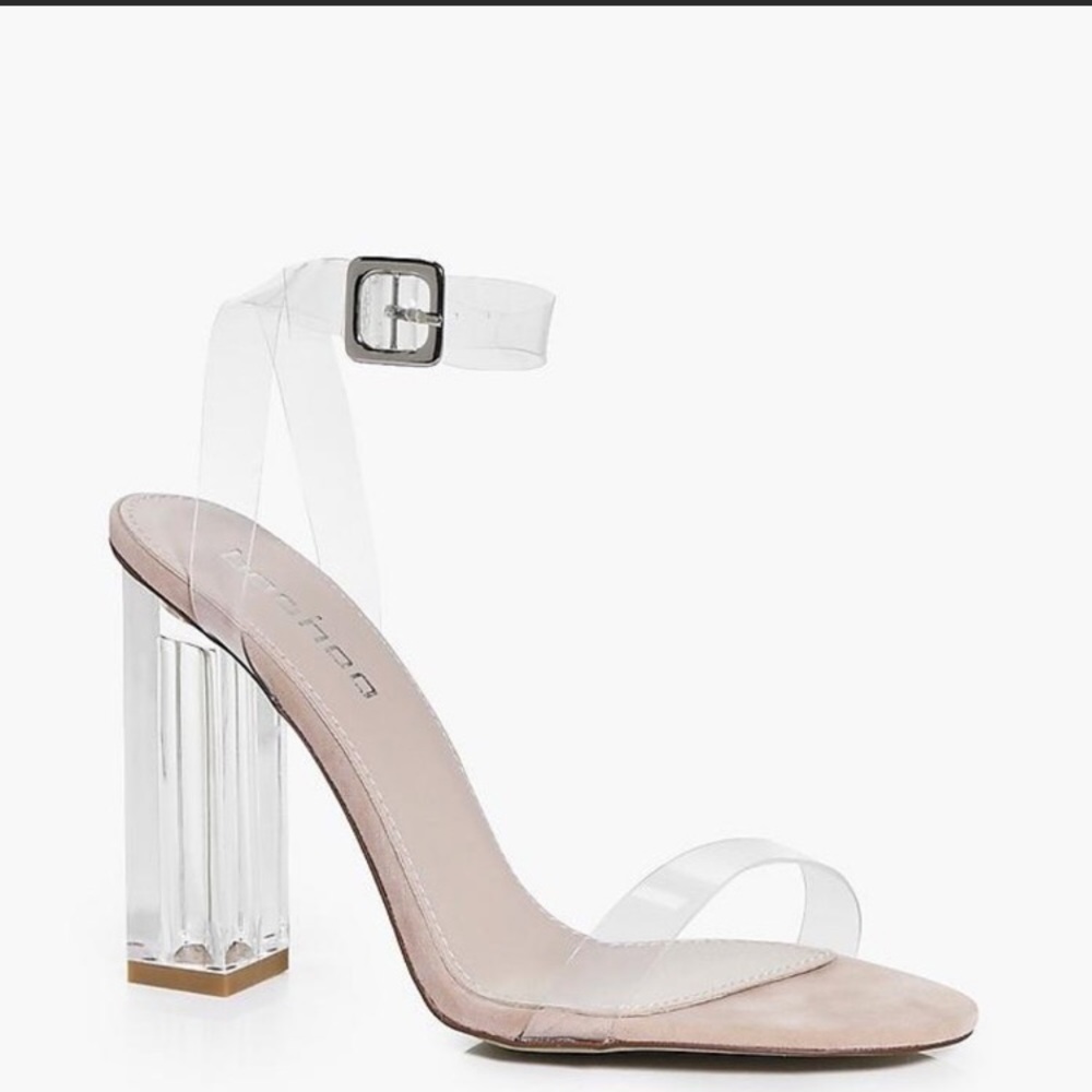 Brand new block style clear strap nude heel